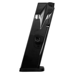 Black pistol magazine standing upright on a base plate, glossy finish visible on the body.