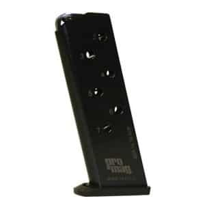 Black handgun magazine with numbered holes, standing upright on a small base plate.