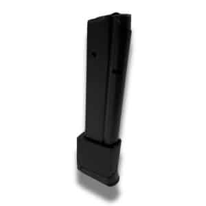Black handgun magazine standing upright with a textured baseplate, viewed from the side (ammunition magazine)