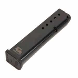 Black handgun magazine lying diagonally, with round load holes along the top edge and a flat base plate at one end