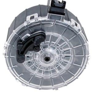 Circular automotive rotor-like component with a central bore and ribbed outer ring.
