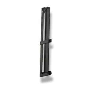Tall black metal, two parallel rails with a mid-height strap holding them together, standing upright on a curved base
