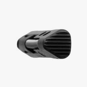 Close-up of a black knurled knob with a metal threaded screw shaft, likely an adjustment or tightening knob.