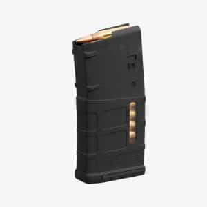 Black detachable rifle magazine with visible copper cartridges loaded at the top, viewed from the side
