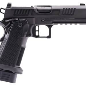 Black semi-automatic pistol with textured grip and accessory rail, shown from the left side against a white background