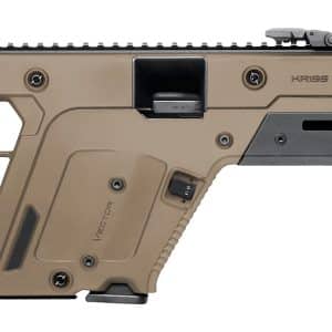 Tan Kriss Vector-style semi-automatic rifle with black folding stock and long black barrel/suppressor-looks rail system on top