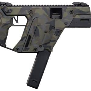 Side view of a camouflage-patterned tactical rifle with a long magazine and Picatinny rail on top.
