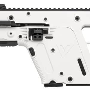 Profile view of a white Kriss Vector firearm with a black suppressor attached, shown on a white background.