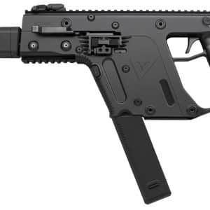 Black Kriss Vector–style firearm with suppressor, shown in profile on a white background.