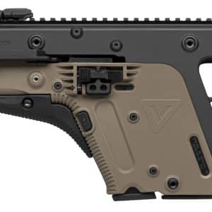 Side view of a KRISS Vector-style tactical firearm with a long suppressor attached to the muzzle and a beige/brown grip area.