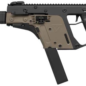 Kriss Vector-style rifle with tan lower receiver, black chassis, suppressor, and a curved magazine inserted