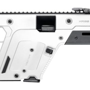 White and black Kriss Vector-style rifle shown in profile with a long muzzle attachment and rail system behind the barrel.