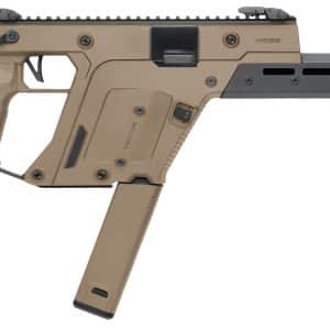 Tan KRISS Vector-style semi-automatic rifle with folding black stock, long gray barrel, top Picatinny rail, and bottom magazine pointing downward