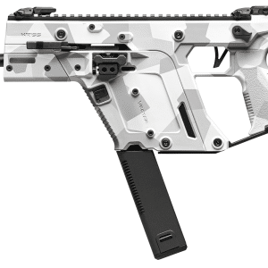 Futuristic white camouflage assault rifle with a vertical magazine and top rail on a white background, angled silhouette