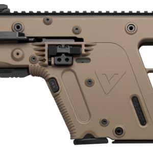 Tan KRISS Vector firearm with a long black suppressor, bullpup-style action, and adjustable stock viewed from the side.