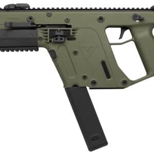 Side view of an olive-green bullpup-style rifle with a black magazine and rail system.