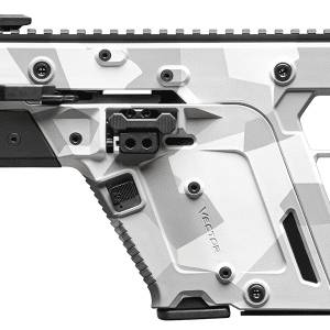 Side view of a Kriss Vector rifle with white camouflage body, black fore-end, and folding stock