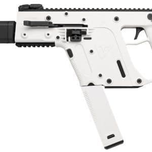 Profile view of a white Kriss Vector-style rifle with a long black suppressor and folding stock on the right side of the image.