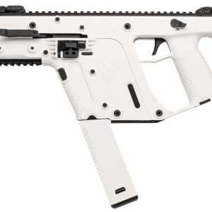 White futuristic-looking rifle shown in profile with Picatinny rails and grey/black components