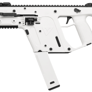 White futuristic airsoft rifle with a black Picatinny rail, textured grip, and downward magazine view from the side