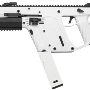 Side view of a white and black tactical airsoft rifle with a top rail, accessories, and a folded stock against a transparent background