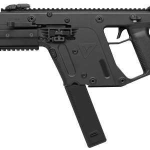Side view of a KRISS Vector-style rifle with a top Picatinny rail, pistol grip, and empty magazine inserted (black finish).