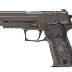 Side view of a SIG Sauer P226 semi-automatic handgun with a textured grip and serrated slide edges (left side shown).