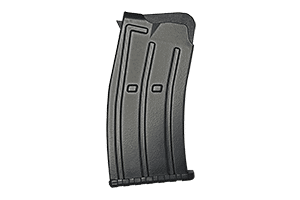 Curved metal rifle magazine detached from firearm