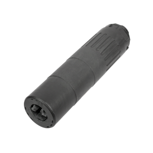 Black cylindrical two-pin electrical connector plug facing viewer, rugged grip