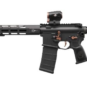 Black semi-automatic rifle with a long handguard, detachable magazine, red-dot sight, and copper accents.