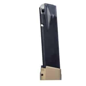 Close-up of a black firearm magazine with a tan baseplate, viewed from the side on a white background.