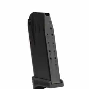 Black handgun magazine with a textured base plate and numbered holes along the side (visible rounds).