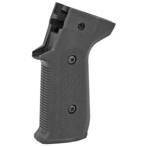 Close-up of a black textured pistol grip with visible screws and part of the trigger area edge.