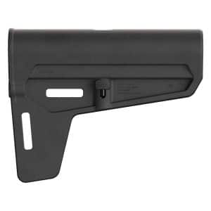 Black textured rifle stock with a built-in grip and sling attachment, shown in side view.