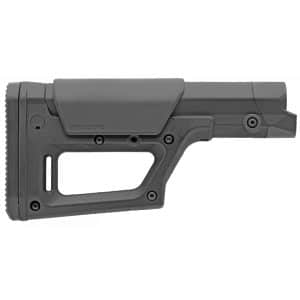 Close-up of a black rifle stock with visible screws and textured grip section.