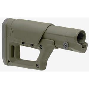 Close-up of an olive-drab rifle scope or optic mount with screws and adjustable joints.