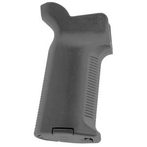 Close-up of a textured handgun grip seen from the rear, showing ergonomic finger grooves and a molded back strap.