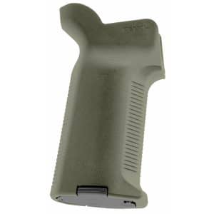 Close-up of the back portion of a textured handgun grip with a rough surface and ergonomic shape, olive-colored.