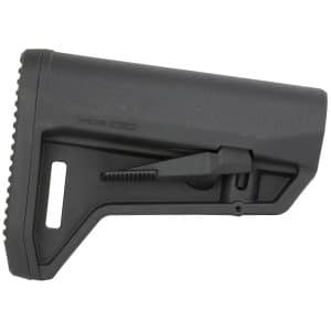 Close-up of a black polymer rifle/shotgun buttstock with a textured surface and recoil pad visible along the bottom edge