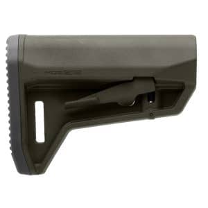 Black polymer rifle stock section with a textured butt pad and curved brace, showing the edge and mounting area.