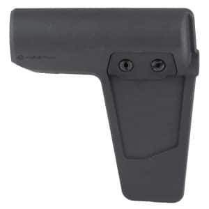 Close-up of a black handgun grip with two screws visible near the base area