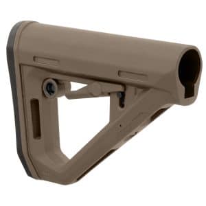 Close-up of a brown rifle stock butt with contour and mounting hardware visible on the side