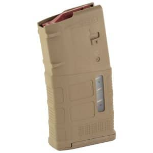 Close-up of a tan polymer rifle magazine with a red follower, angled to show the side marking '7.62x51' and textured grip patterns.