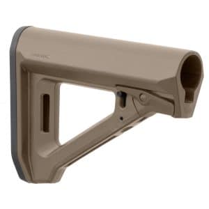 Close-up of a tan polymer rifle stock with a gray butt pad and textured surface.