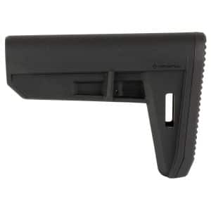 Close-up of a black Magpul rifle buttstock with textured surface and a sling slot on the side
