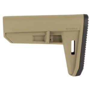 Close-up of a tan polymer rifle stock with a black textured butt pad visible on the right side.