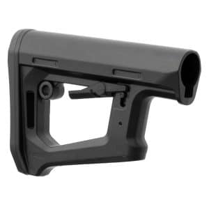 Close-up of a matte black rifle stock with adjustable cheek rest and hardware pieces.
