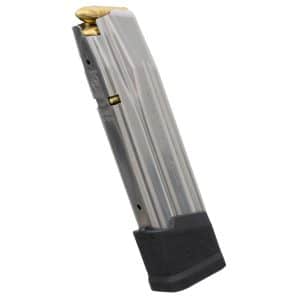 Curved metal handgun magazine loaded with brass bullets at the top and a black baseplate