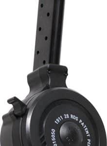 Black high-capacity drum magazine attached to a handgun, shown from the side for emphasis on the attachment.