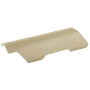Partial view of a tan-beige plastic item with rounded corners on a white background (diagonal orientation).